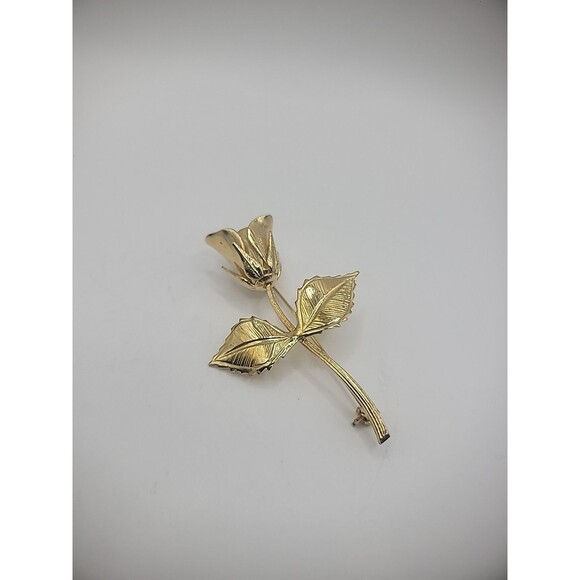 Vintage Brooch Pin Rose Flower Gold Tone Leaves Jewelry Costume - Picture 11 of 13